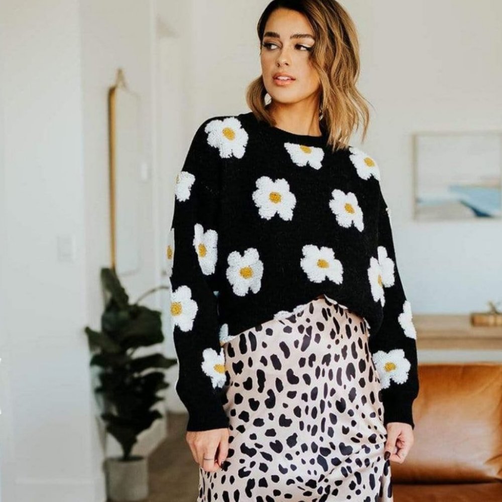 Clad & Cloth Black Flower Sweater